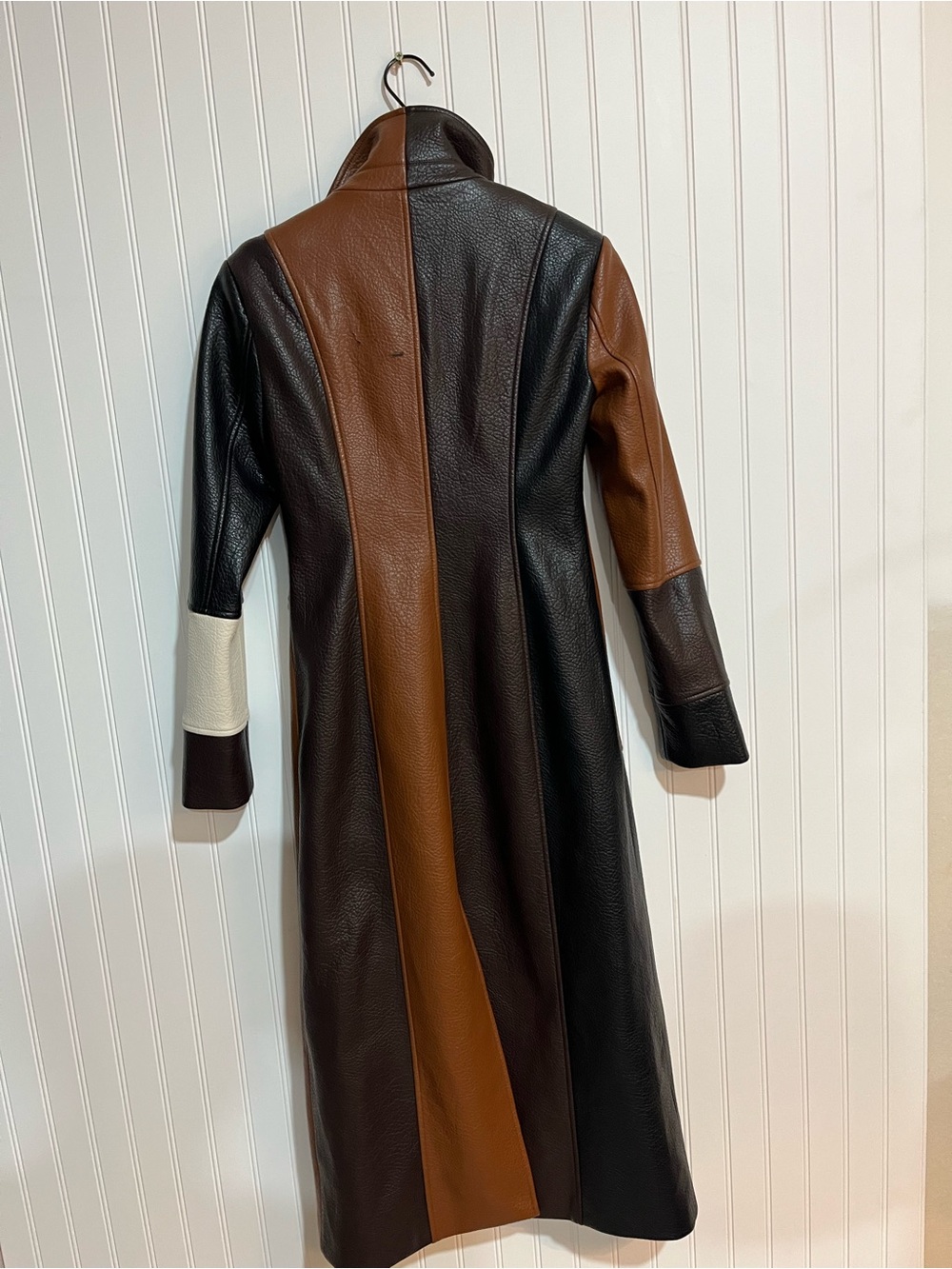 Colorblock Faux-Leather Long Coat in Brown, Dark Brown & Cream - Picture 8 of 9